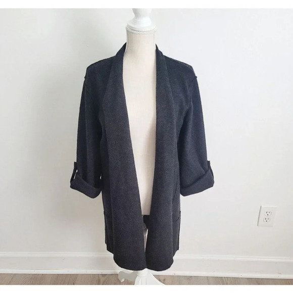 Eileen Fisher 100% Merino Wool Fisherman Black Open Duster Cardigan Sweater XS - Picture 1 of 12